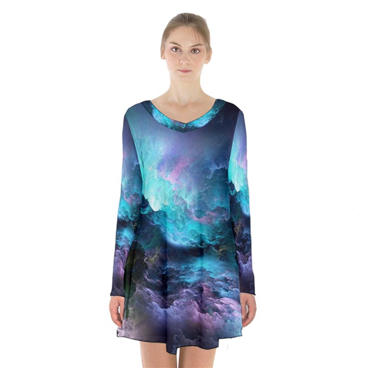 Abstract Graphics Nebula Psychedelic Space Long Sleeve Velvet V-neck Dress