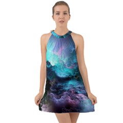 Abstract Graphics Nebula Psychedelic Space Halter Tie Back Chiffon Dress