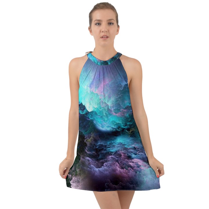 Abstract Graphics Nebula Psychedelic Space Halter Tie Back Chiffon Dress