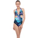 Abstract Graphics Nebula Psychedelic Space Halter Front Plunge Swimsuit View1