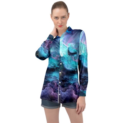 Abstract Graphics Nebula Psychedelic Space Long Sleeve Satin Shirt by 99art