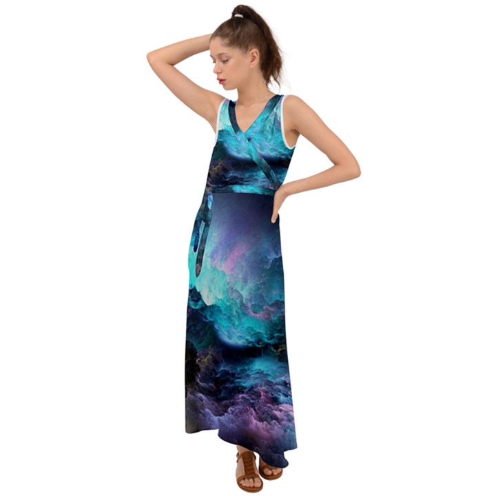 Abstract Graphics Nebula Psychedelic Space V-Neck Chiffon Maxi Dress