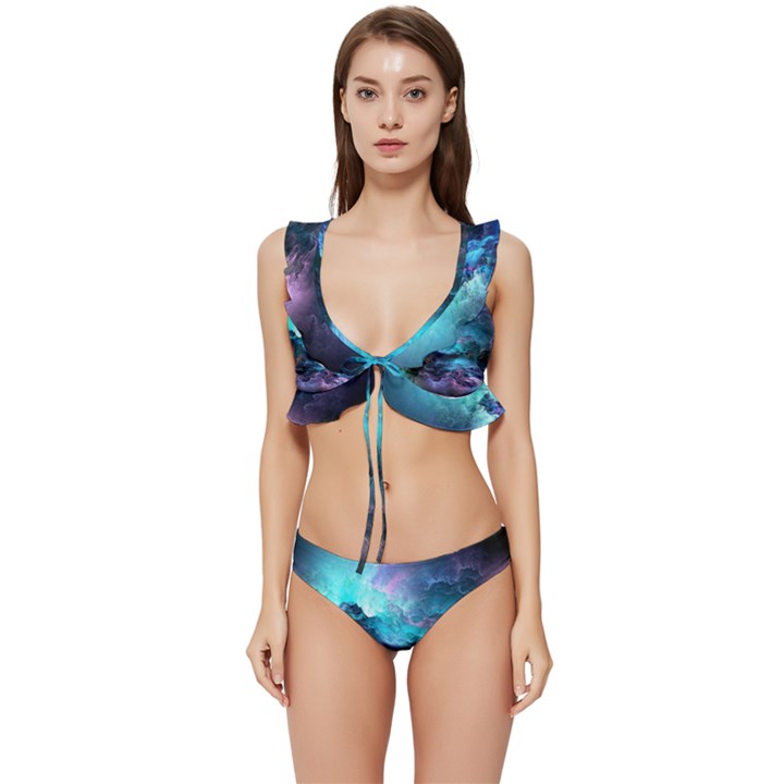 Abstract Graphics Nebula Psychedelic Space Low Cut Ruffle Edge Bikini Set