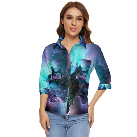 Abstract Graphics Nebula Psychedelic Space Women s Quarter Sleeve Pocket Shirt by 99art