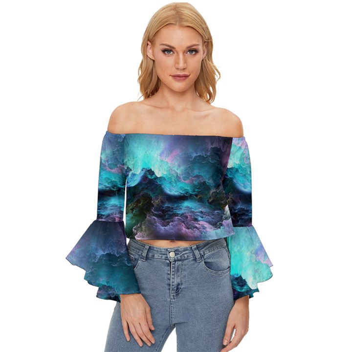 Abstract Graphics Nebula Psychedelic Space Off Shoulder Flutter Bell Sleeve Top