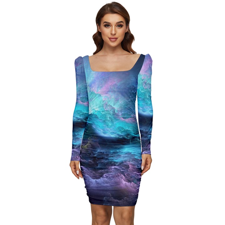 Abstract Graphics Nebula Psychedelic Space Women Long Sleeve Ruched Stretch Jersey Dress