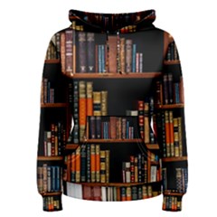 Assorted Title Of Books Piled In The Shelves Assorted Book Lot Inside The Wooden Shelf Women s Pullover Hoodie by 99art