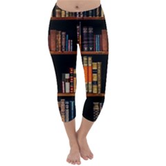 Assorted Title Of Books Piled In The Shelves Assorted Book Lot Inside The Wooden Shelf Capri Winter Leggings  by 99art