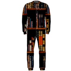 Assorted Title Of Books Piled In The Shelves Assorted Book Lot Inside The Wooden Shelf Onepiece Jumpsuit (men) by 99art