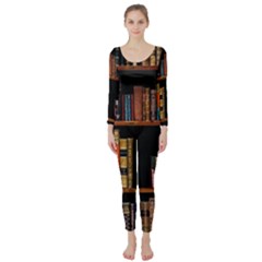 Assorted Title Of Books Piled In The Shelves Assorted Book Lot Inside The Wooden Shelf Long Sleeve Catsuit by 99art