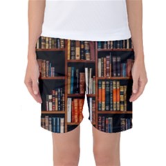 Assorted Title Of Books Piled In The Shelves Assorted Book Lot Inside The Wooden Shelf Women s Basketball Shorts by 99art