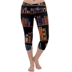 Assorted Title Of Books Piled In The Shelves Assorted Book Lot Inside The Wooden Shelf Capri Yoga Leggings by 99art