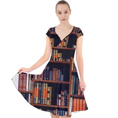 Assorted Title Of Books Piled In The Shelves Assorted Book Lot Inside The Wooden Shelf Cap Sleeve Front Wrap Midi Dress by 99art