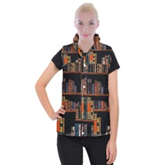 Assorted Title Of Books Piled In The Shelves Assorted Book Lot Inside The Wooden Shelf Women s Button Up Vest by 99art