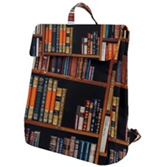 Assorted Title Of Books Piled In The Shelves Assorted Book Lot Inside The Wooden Shelf Flap Top Backpack by 99art