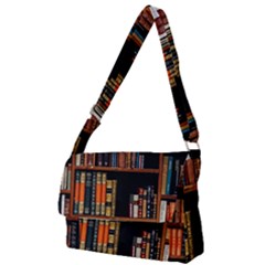 Assorted Title Of Books Piled In The Shelves Assorted Book Lot Inside The Wooden Shelf Full Print Messenger Bag (s) by 99art