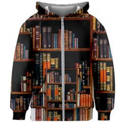 Assorted Title Of Books Piled In The Shelves Assorted Book Lot Inside The Wooden Shelf Kids  Zipper Hoodie Without Drawstring by 99art