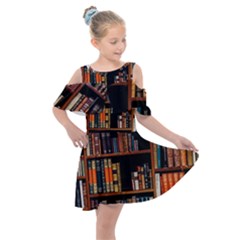 Assorted Title Of Books Piled In The Shelves Assorted Book Lot Inside The Wooden Shelf Kids  Shoulder Cutout Chiffon Dress by 99art