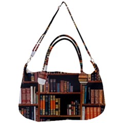 Assorted Title Of Books Piled In The Shelves Assorted Book Lot Inside The Wooden Shelf Removable Strap Handbag by 99art