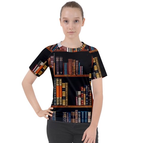 Assorted Title Of Books Piled In The Shelves Assorted Book Lot Inside The Wooden Shelf Women s Sport Raglan Tee by 99art