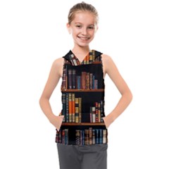 Assorted Title Of Books Piled In The Shelves Assorted Book Lot Inside The Wooden Shelf Kids  Sleeveless Hoodie by 99art