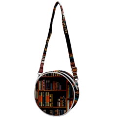 Assorted Title Of Books Piled In The Shelves Assorted Book Lot Inside The Wooden Shelf Crossbody Circle Bag by 99art