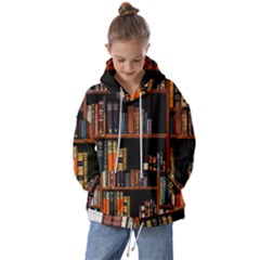 Assorted Title Of Books Piled In The Shelves Assorted Book Lot Inside The Wooden Shelf Kids  Oversized Hoodie by 99art