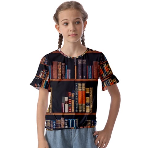 Assorted Title Of Books Piled In The Shelves Assorted Book Lot Inside The Wooden Shelf Kids  Cuff Sleeve Scrunch Bottom Tee by 99art