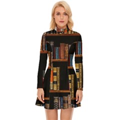 Assorted Title Of Books Piled In The Shelves Assorted Book Lot Inside The Wooden Shelf Long Sleeve Velour Longline Dress by 99art