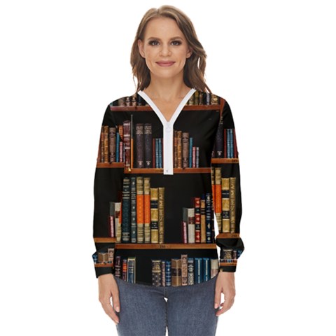 Assorted Title Of Books Piled In The Shelves Assorted Book Lot Inside The Wooden Shelf Zip Up Long Sleeve Blouse by 99art