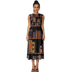 Assorted Title Of Books Piled In The Shelves Assorted Book Lot Inside The Wooden Shelf Sleeveless Round Neck Midi Dress by 99art