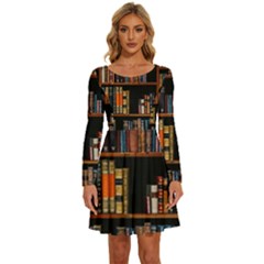 Assorted Title Of Books Piled In The Shelves Assorted Book Lot Inside The Wooden Shelf Long Sleeve Wide Neck Velvet Dress by 99art