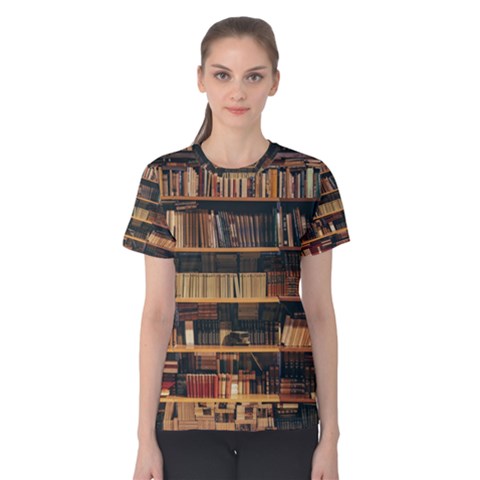 Books On Bookshelf Assorted Color Book Lot In Bookcase Library Women s Cotton Tee by 99art