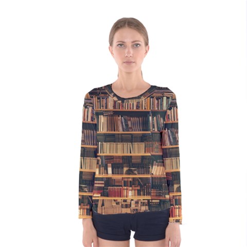 Books On Bookshelf Assorted Color Book Lot In Bookcase Library Women s Long Sleeve Tee by 99art