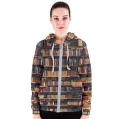 Books On Bookshelf Assorted Color Book Lot In Bookcase Library Women s Zipper Hoodie