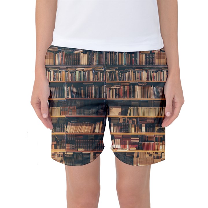 Books On Bookshelf Assorted Color Book Lot In Bookcase Library Women s Basketball Shorts