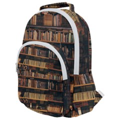 Books On Bookshelf Assorted Color Book Lot In Bookcase Library Rounded Multi Pocket Backpack