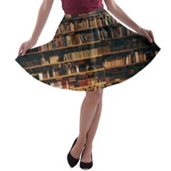 Books On Bookshelf Assorted Color Book Lot In Bookcase Library A-line Skater Skirt by 99art