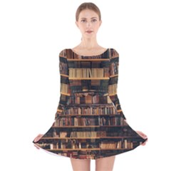 Books On Bookshelf Assorted Color Book Lot In Bookcase Library Long Sleeve Velvet Skater Dress