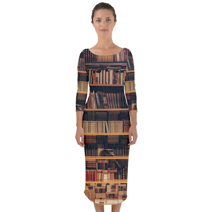 Books On Bookshelf Assorted Color Book Lot In Bookcase Library Quarter Sleeve Midi Bodycon Dress