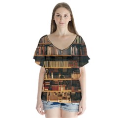 Books On Bookshelf Assorted Color Book Lot In Bookcase Library V-Neck Flutter Sleeve Top