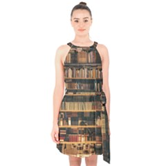 Books On Bookshelf Assorted Color Book Lot In Bookcase Library Halter Collar Waist Tie Chiffon Dress by 99art