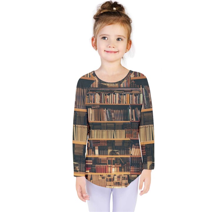 Books On Bookshelf Assorted Color Book Lot In Bookcase Library Kids  Long Sleeve Tee