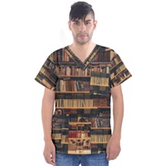 Books On Bookshelf Assorted Color Book Lot In Bookcase Library Men s V-Neck Scrub Top