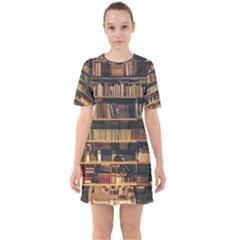 Books On Bookshelf Assorted Color Book Lot In Bookcase Library Sixties Short Sleeve Mini Dress