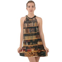 Books On Bookshelf Assorted Color Book Lot In Bookcase Library Halter Tie Back Chiffon Dress