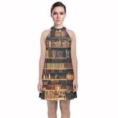 Books On Bookshelf Assorted Color Book Lot In Bookcase Library Velvet Halter Neckline Dress 