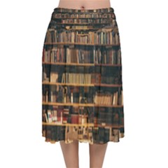 Books On Bookshelf Assorted Color Book Lot In Bookcase Library Velvet Flared Midi Skirt