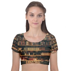 Books On Bookshelf Assorted Color Book Lot In Bookcase Library Velvet Short Sleeve Crop Top 