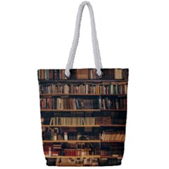 Books On Bookshelf Assorted Color Book Lot In Bookcase Library Full Print Rope Handle Tote (Small)